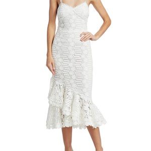 ML Monique Lhuillier Lace Asymmetric Flounce Midi
